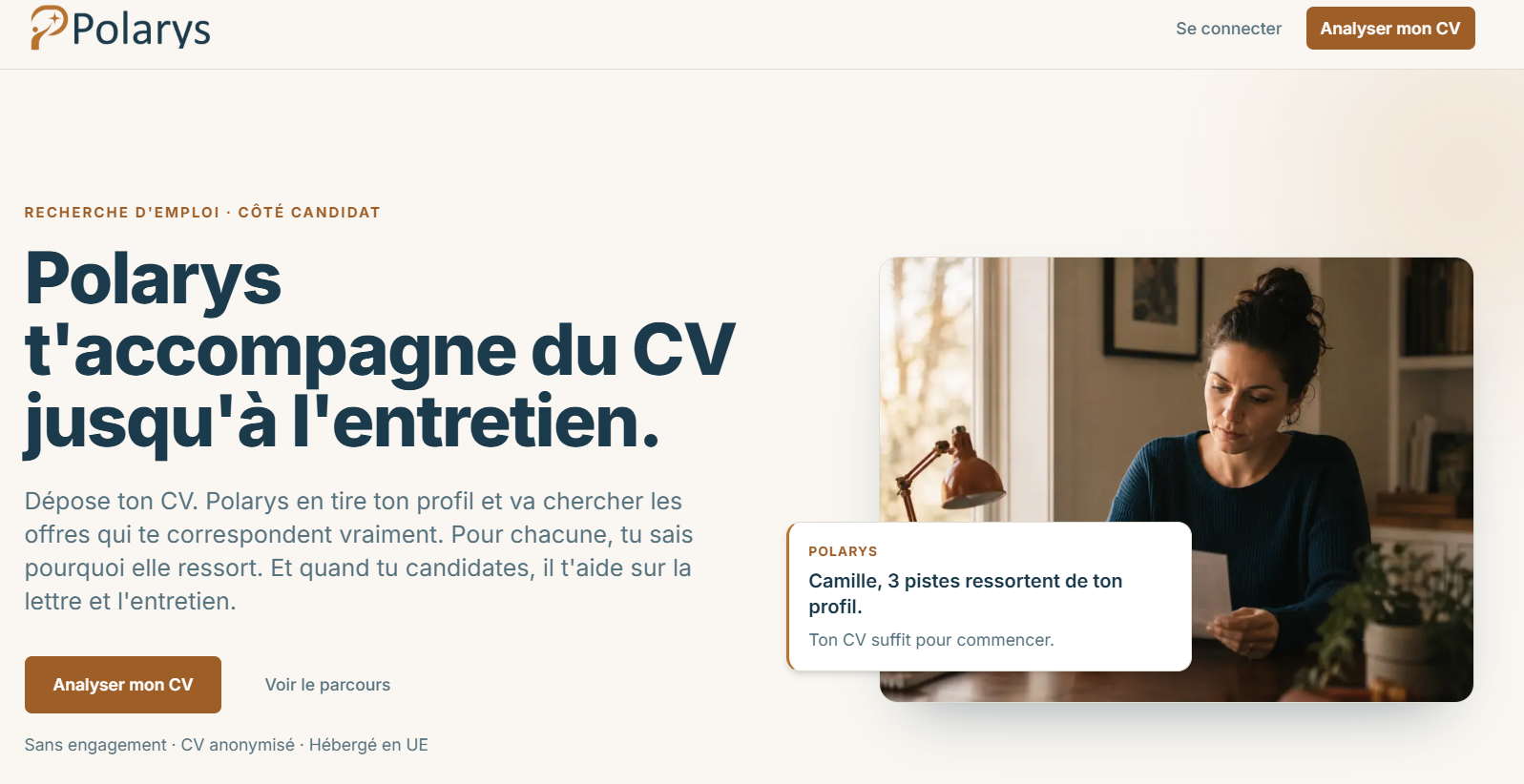 Page d’accueil de Polarys présentant l’accompagnement du CV jusqu’à l’entretien